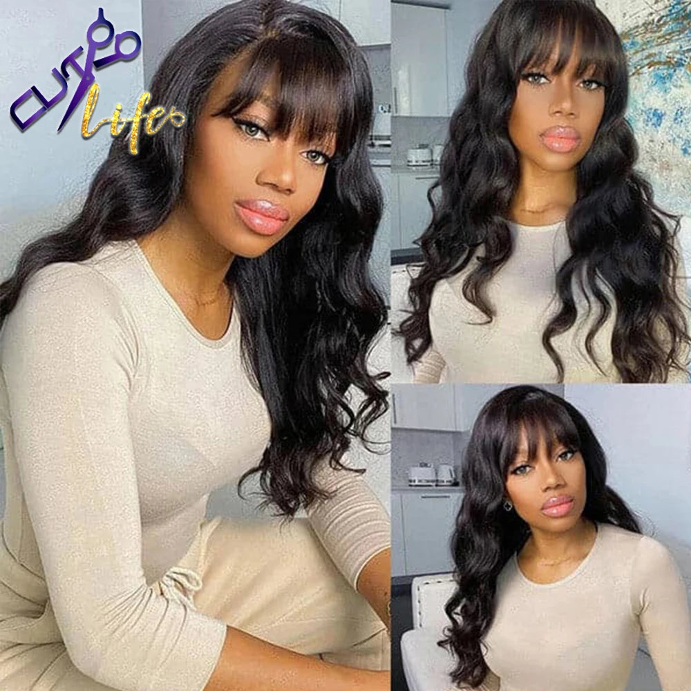 HD Lace Pretty Ombre Brown Body Wave Wig With Bangs 7x5 HD Lace Glueless Wig Cheap Human Hair 4x4 5x5 Invisi HD Glueless Wigs