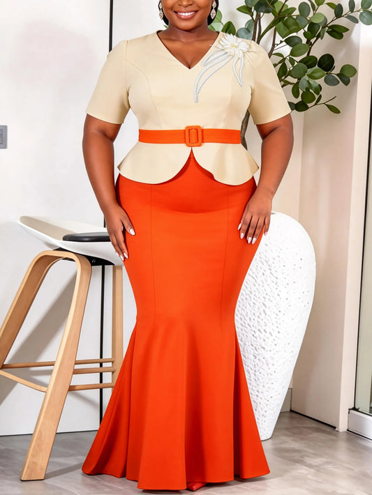 African Dresses for Woman Two Piece Set V Neck Short Sleeves Tops Appliques Belt Colorblock High Waist Mermaid Party Outfit
