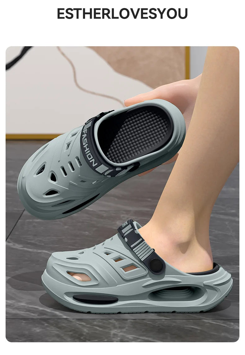 Thick-soled hole shoes for men, summer outdoor toe-caps slippers, sports sandals with anti-slip and sand-crawling feeling