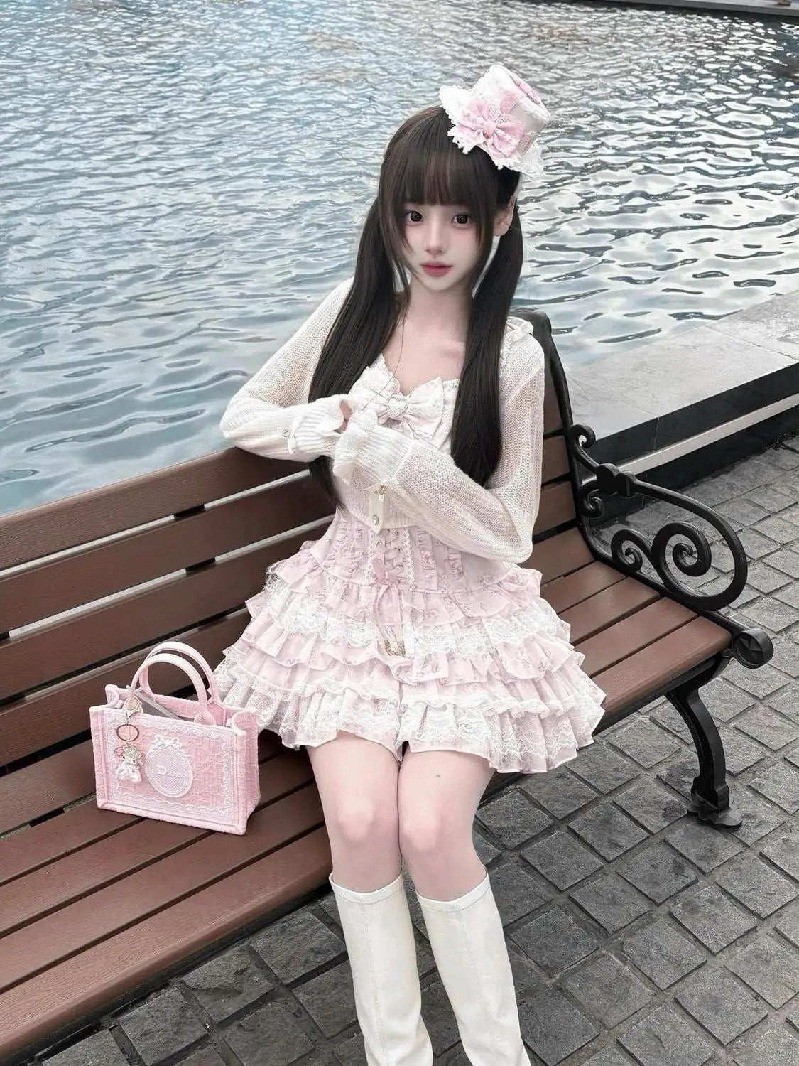 Japanese Sweet Lolita lace floral print 2-piece set with bow; pastel pink top and layered ruffle mini skirt
