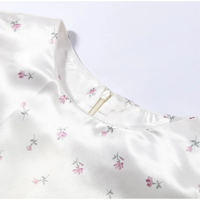 Women's White Floral Print Puff Sleeve Dress With Waistband Fashion Satin Ruffled Hem Maxi Dress Lady 2026 Elegant Party Robes