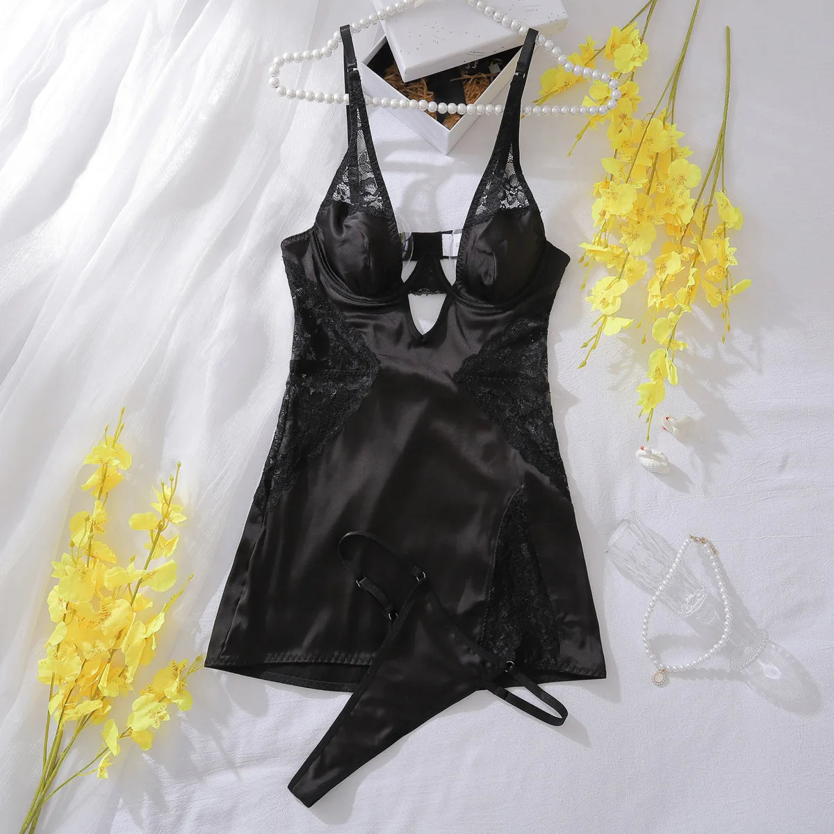 Sexy Deep-v Neck Satin Dress Sexy Lingerie Set For Women Lace Patchwork Split Sissy Night Dress Exotic Slip Dress Silk Nightwear
