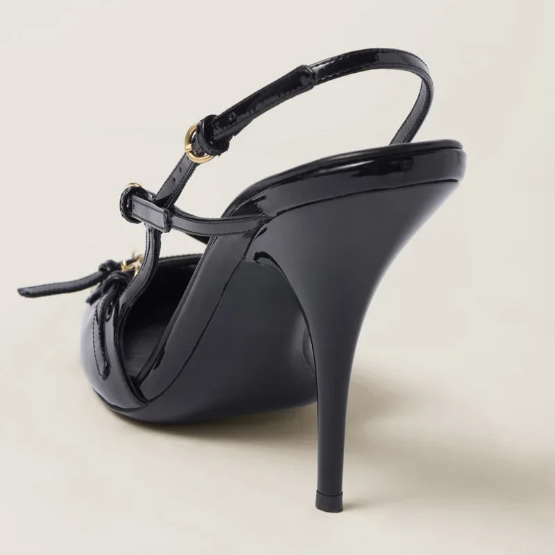 Triple Buckle Sling Back Women Summer Sandals for Women Office Small Square Head High Heels Pointed-toe Back Loop High Heels