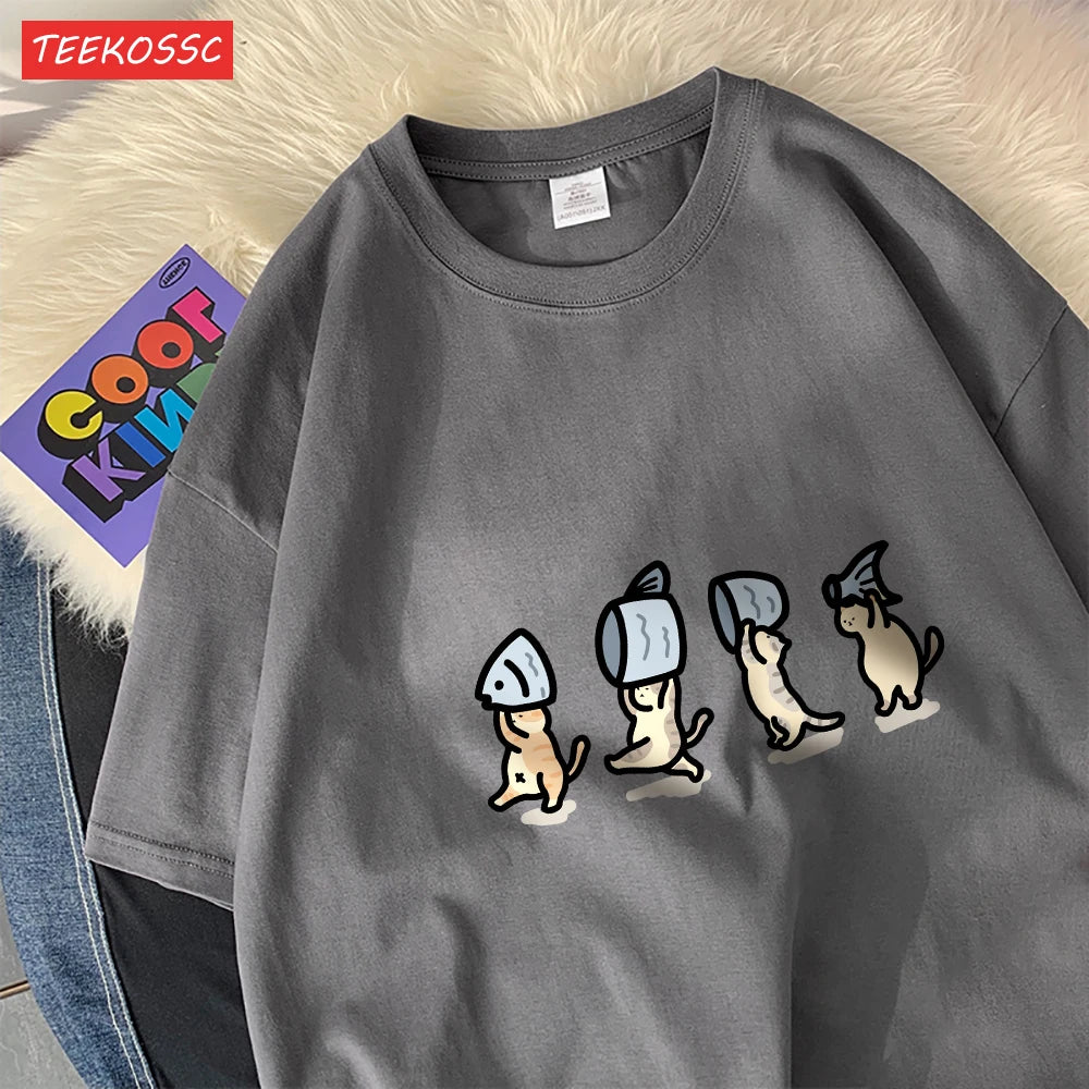 Four Little Cats Holding Fishcotton Women T-Shirts Cartoons Prints T Shirts Soft O-Neck Loose Short Sleeve Tops Summer Clothes