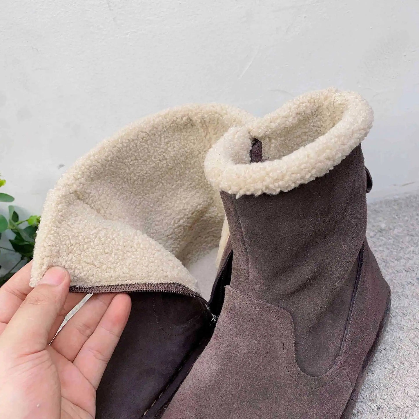 Careaymade-Genuine cow leather Snow cotton round head flats woolen short boots plush warm snow boots Oversized shoes size 35-43