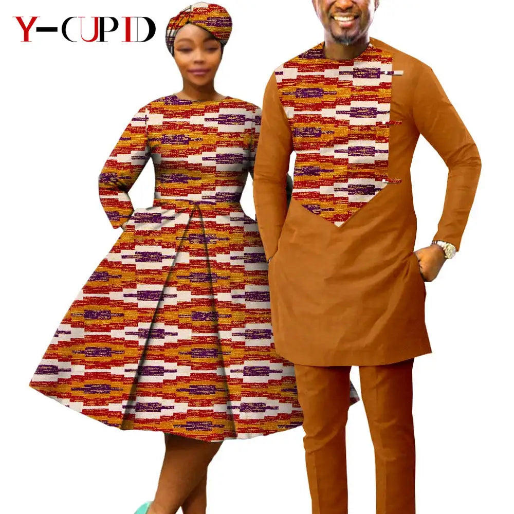 African Print Dresses for Women with Headwrap Matching Couple Outfits Dashiki Men Long Sleeve Pathwork Top and Pant Sets Y23C004