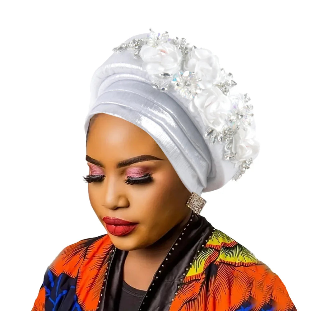 African Women's Turban Cap Diamond Flower Nigeria Auto Gele Headtie Already Made Wedding Geles Female Head Wraps Hat Party Mujer