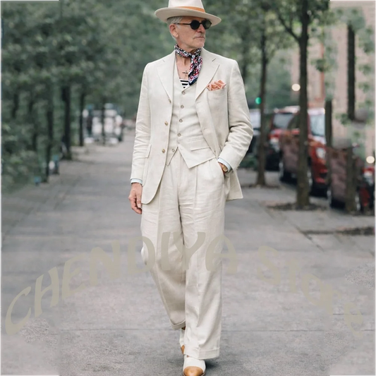 Men's Suit Linen 3 Pieces Vintage Notch Lapel Single Breasted Blazer Pleated Cuffed Trousers Summer Business Casual Streetwear