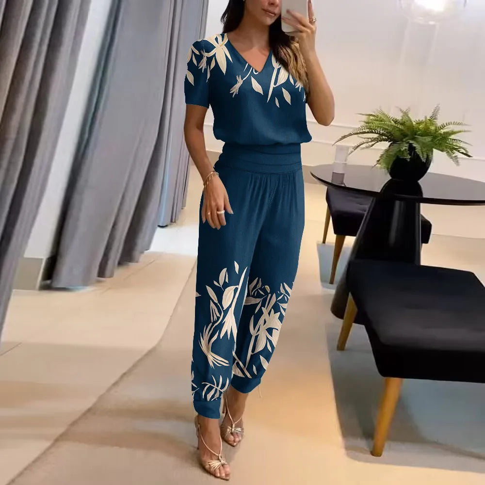 New Women's Summer Tracksuits Pant Sets Fashion Casual V-neck Print Short Sleeve T-shirts and Trousers 2 Piece Sets Women Outfit