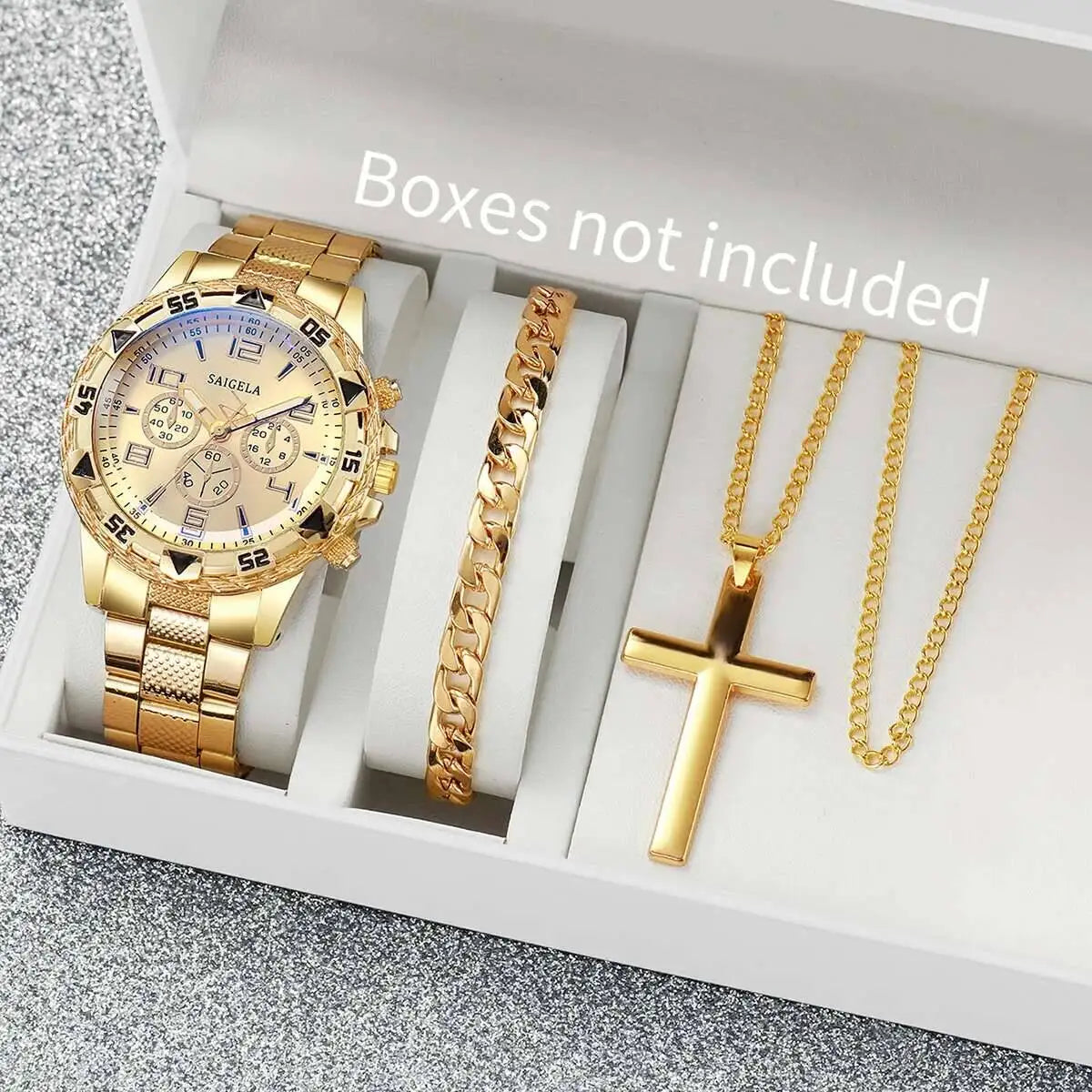 3PCS/Set Fashion Men's Quartz Watch Luxury Large Dial Men Business Watches Necklace Bracelet Set Reloj Hombre（Without Box）
