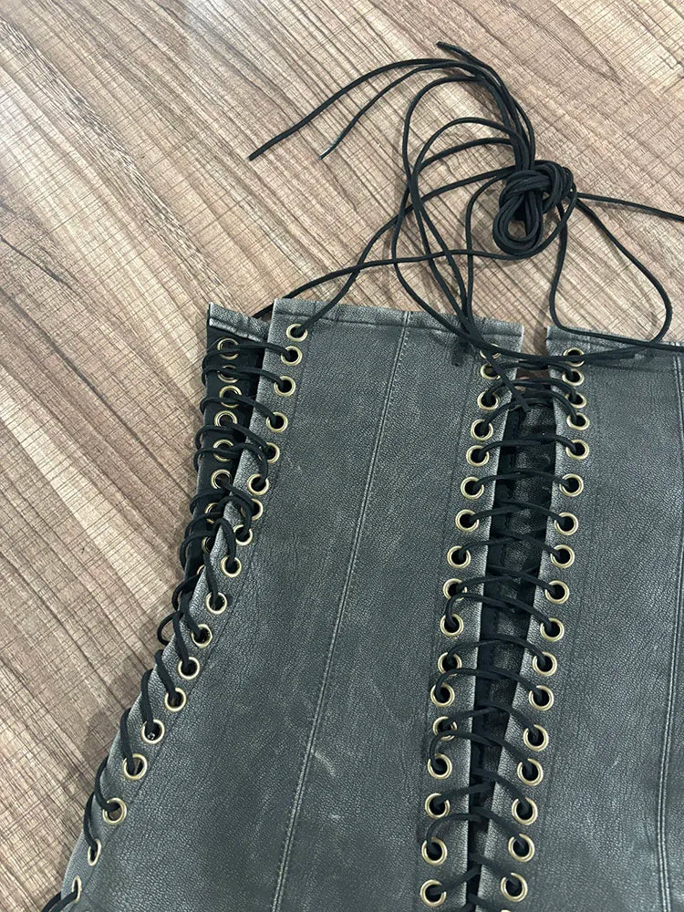 DEAT Fashion Vintage Bandage Design Hollow Out PU Short Strapless Vest For Women Outwear High Street Tank Tops Female 11A04791
