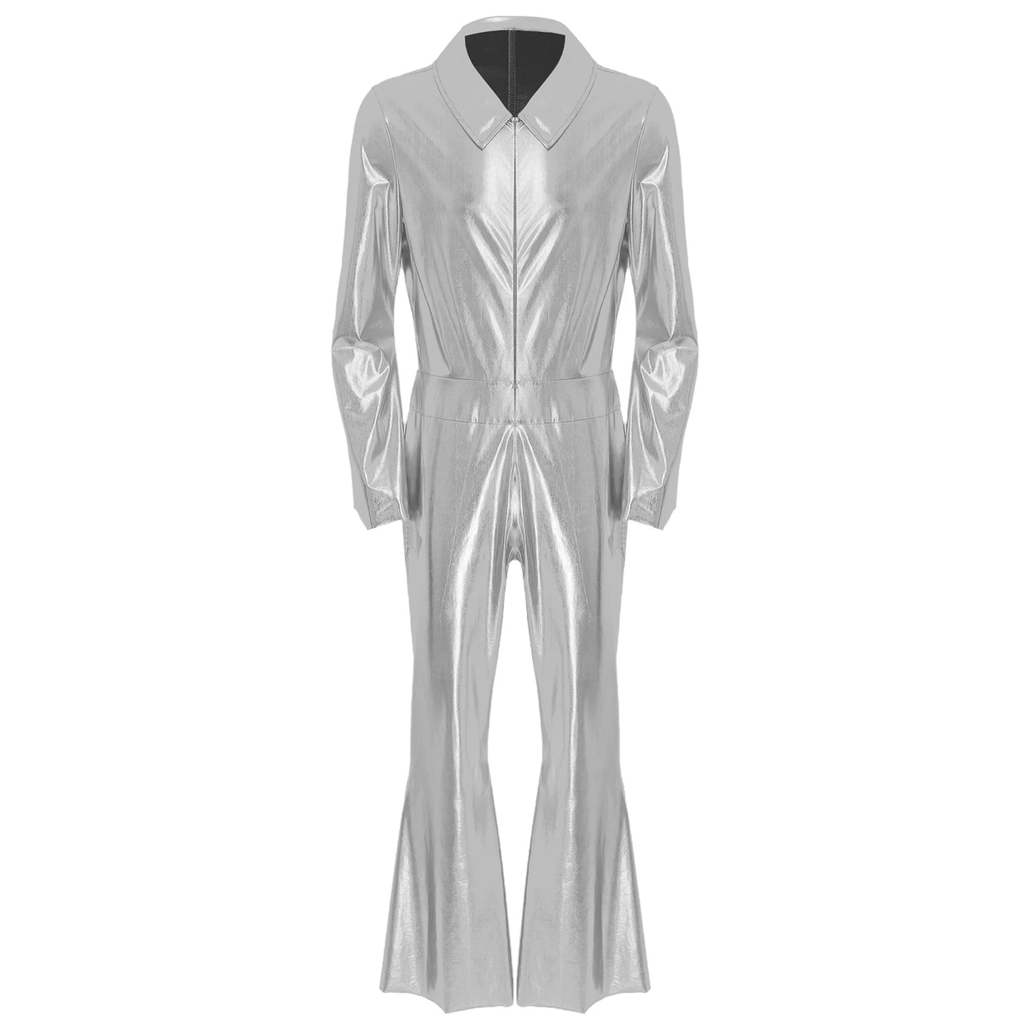 Mens 70s Disco Hippies Jazz Dance Performance Costume Metallic Shiny Unitards Jumpsuit Wide Leg Pants Rompers Vintage Clubwear