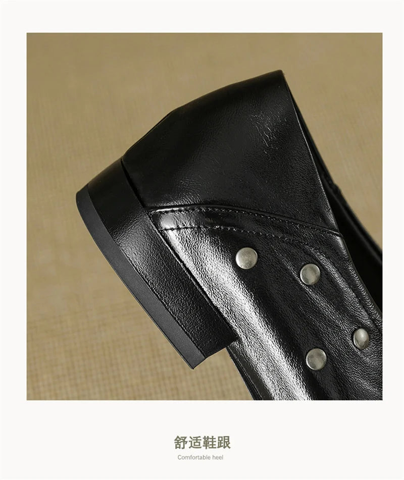 Dilalula 2025 Spring Genuine Leather Rivet Pumps Women Lace Up Low Thick Heels Soft Back Young Women Leather Leisure Pumps