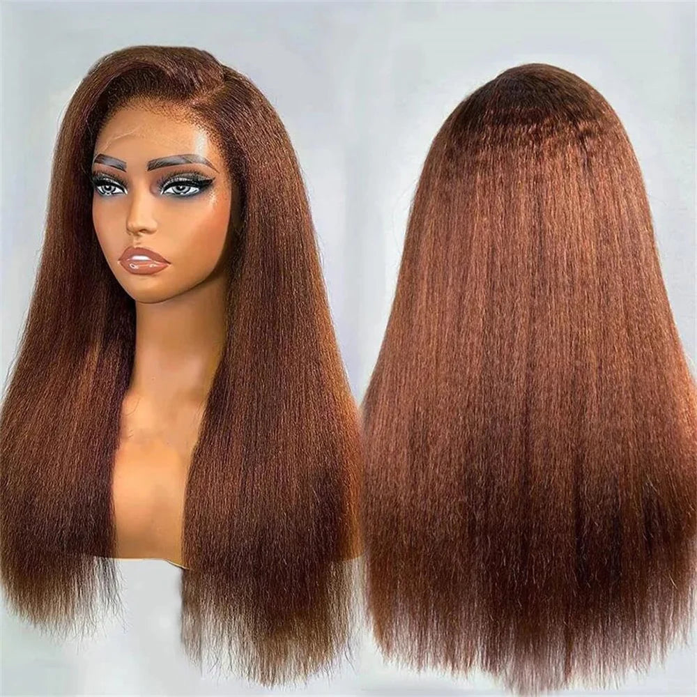 180Density Soft 26“Long Kinky Straight Yaki Soft Brown Preplucked Lace Front Wig Synthetic For Women Heat Resistant Glueless
