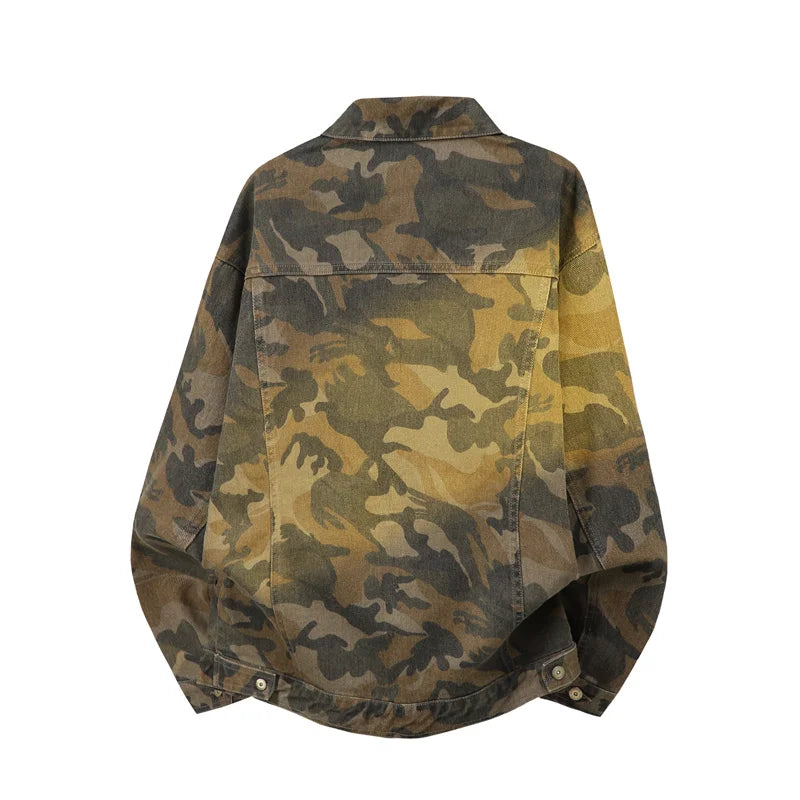 Spring Autumn American Style Denim Jacket Men Fashion Hole Camouflage Turn Down Collar Loose Outerwear Men Casual Denim Jackets