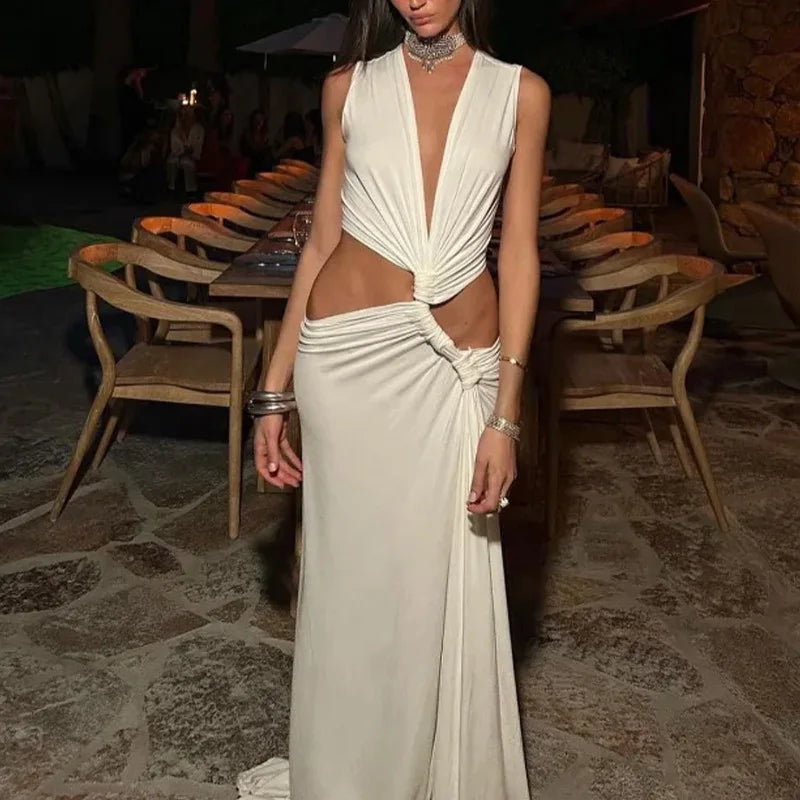 New Summer Elegant Women Sexy Deep V Cut Out Slit Maxi Dress Fashion Casual Sleeveless Waist Hollow Out Outfits Lady Long Dress