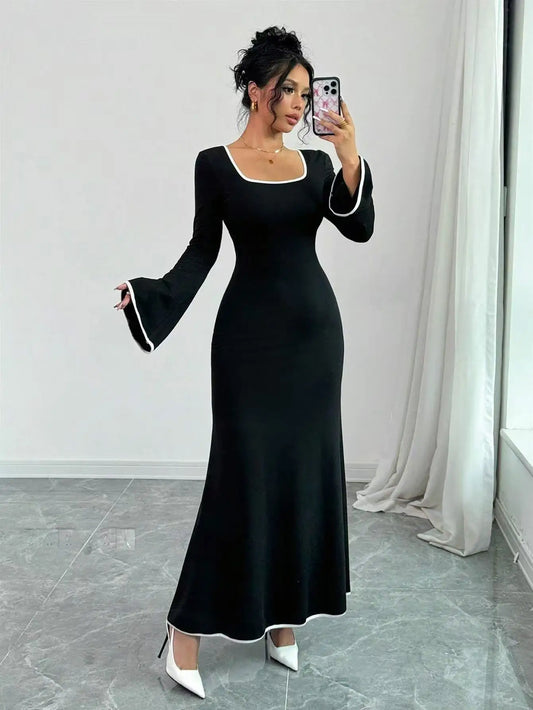 Women's Square Neck Contrast Color Long Sleeve Dress