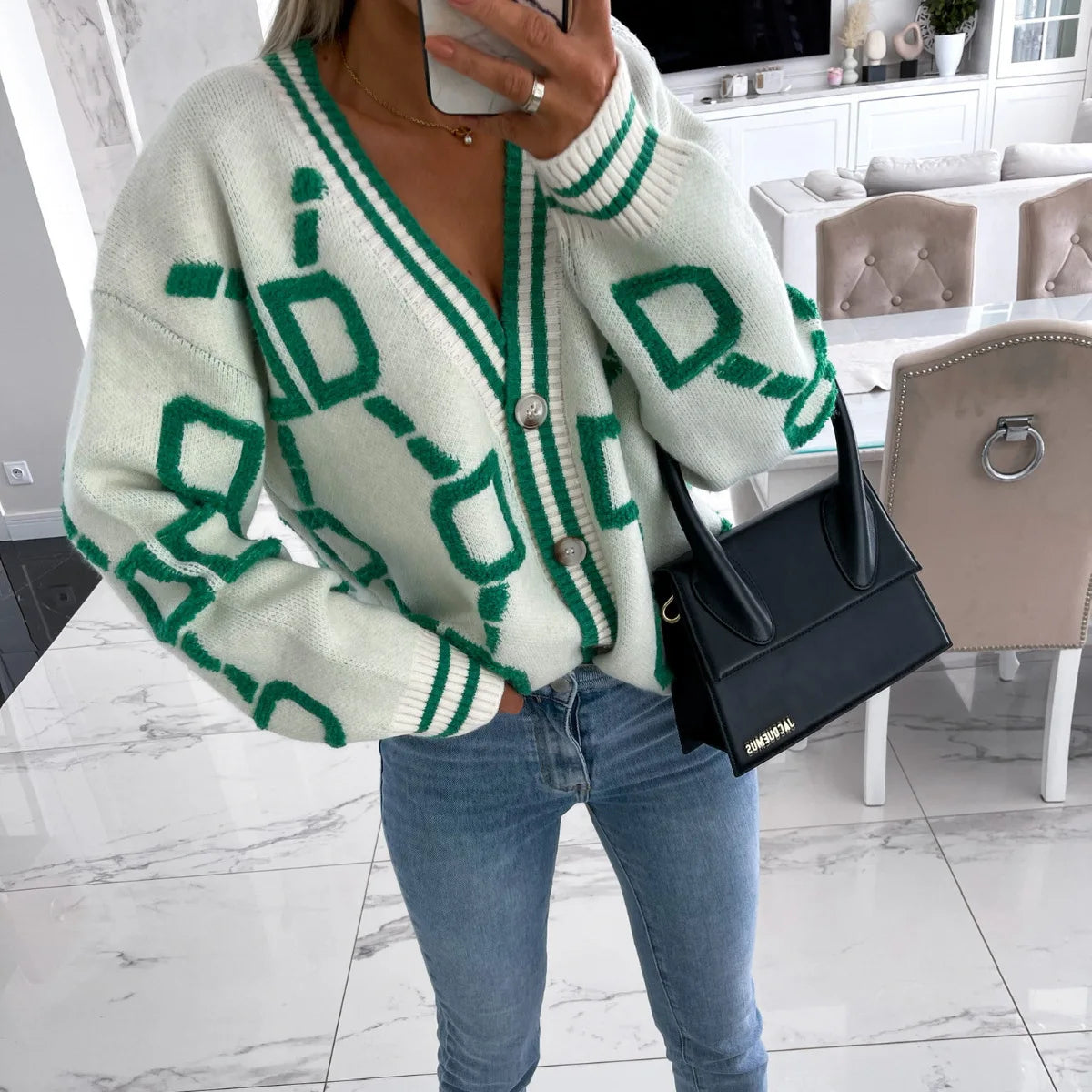 Autumn Winter Jacquard Knitted Coat Women Fashion V-neck Long Sleeve Single Breasted Knitting Cardigan Coats Female Streetwear