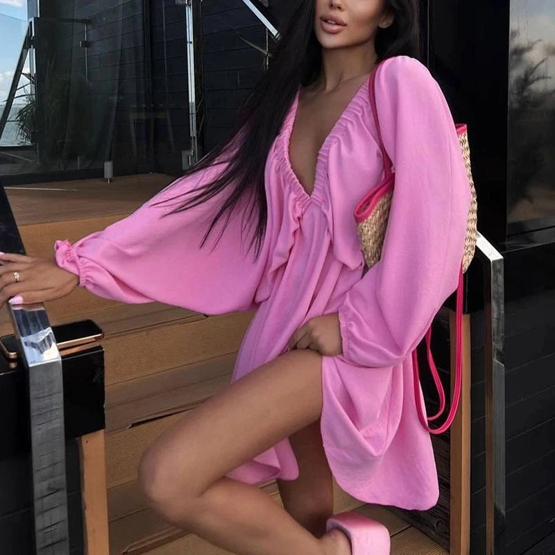 NHKDSASA Women Elegant Solid Loose Dress Summer Casual Long Sleeve Ruffle Dress Ladies Fashion V Neck A-line Party Dress Vestido