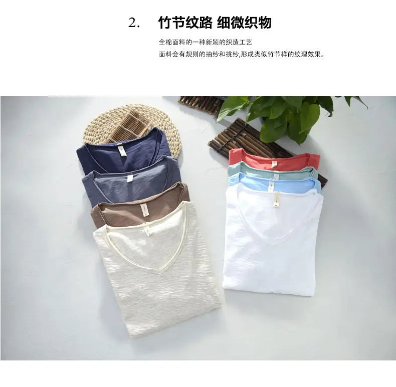 2023 Summer New 100% Cotton White T-shirt Male V-neck Solid Color Casual T Shirt Basic Tees Plus Size 3XL Short Sleeve Tops