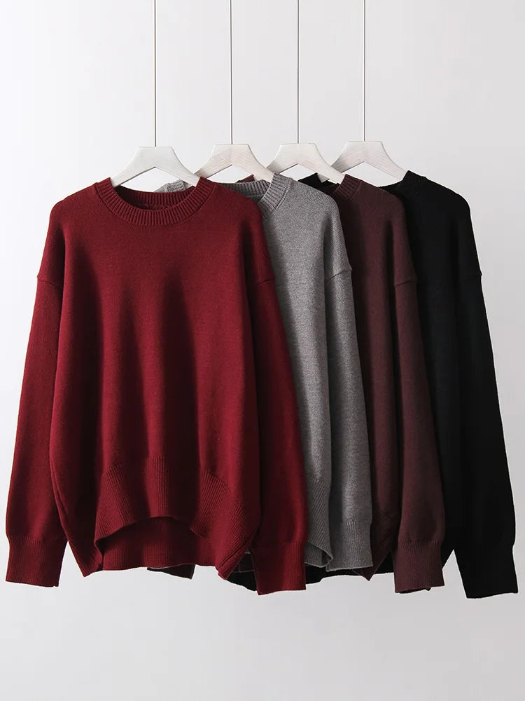 Oversize Burgundy Womens O Neck Knitwear Sweater Warm Winter Pullover