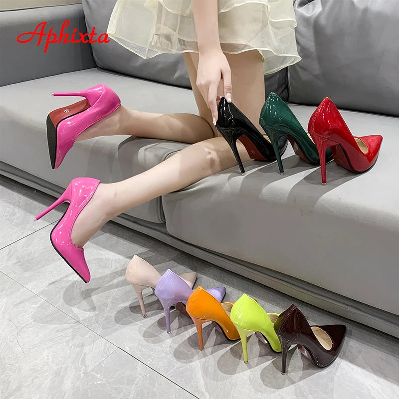 Aphixta New 4.72Inch Super High Stiletto Heels Patent Leather Women Pumps Colorful Officia Pointed Toe Shoes Plus Big Size 49 50