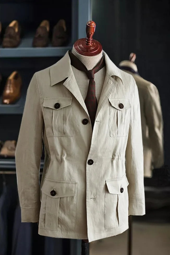 2026 British Style Men's Linen Safari Jackets Fashion Vintage Multi Pockets Cargo Jacket Streetwear Gentry Casual Outerwear Male