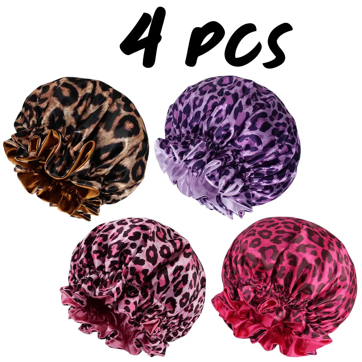 4Pcs Double Layer Satin Hair Bonnet Printed Leopard Splicing Design for Curly And Straight Hair Sleeping Cap BAZAARHUBO