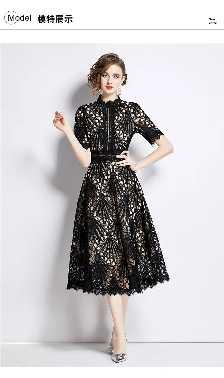 SMTHMA Vintage High-End O-Neck Short Sleeve Lace Hollow Out Dress For Women's Summer Slim Elegant Long Dress Female Clothing