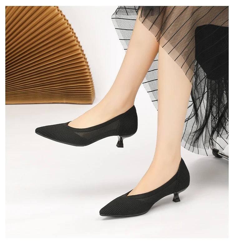 Women's High Heels 2025 New Knitted Breathable Mesh Fine Fashion Comfortable Lightweight Shoes Spring and Autumn