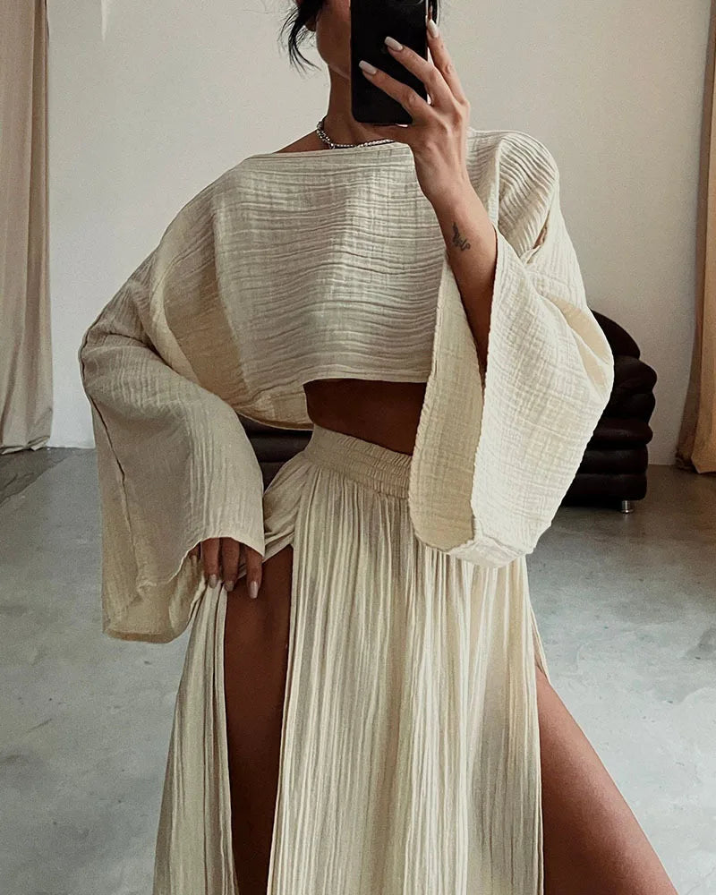 Casual Holiday Style Simple Solid Color Skirt Set Linen Blended Short Top High Waist Chic Split Cotton Linen Two-piece Set