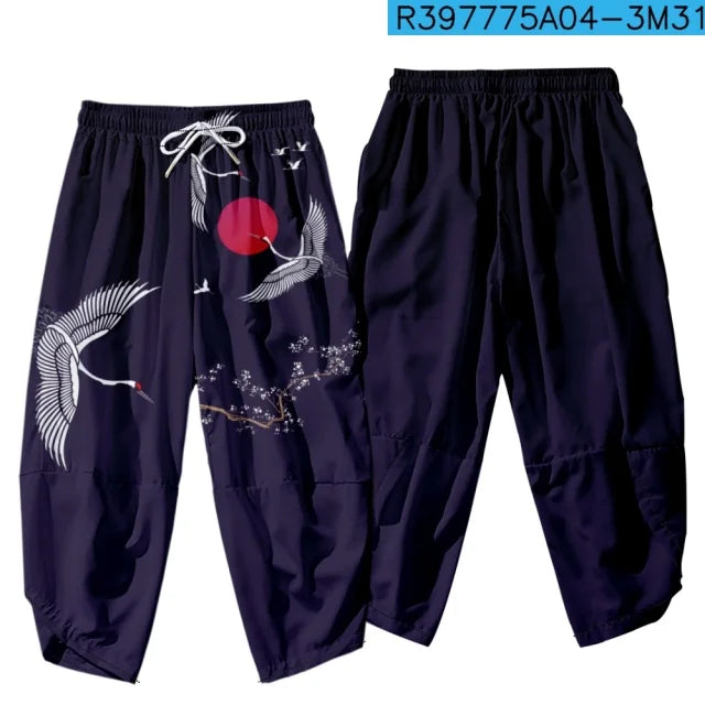 Men Yukata Style Harajuku Cardigan Traditional Japanese Great Wave of Kanagawa Crane Printed Trousers Asian Costume Kimono Pants