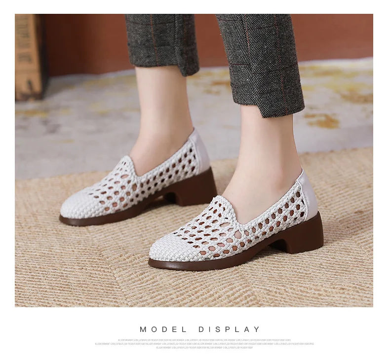Summer Hollow Woven Breathable Shoes Women Sandals Big Size Thick Heels Genuine Leather Shoes Summer Casual Sandals