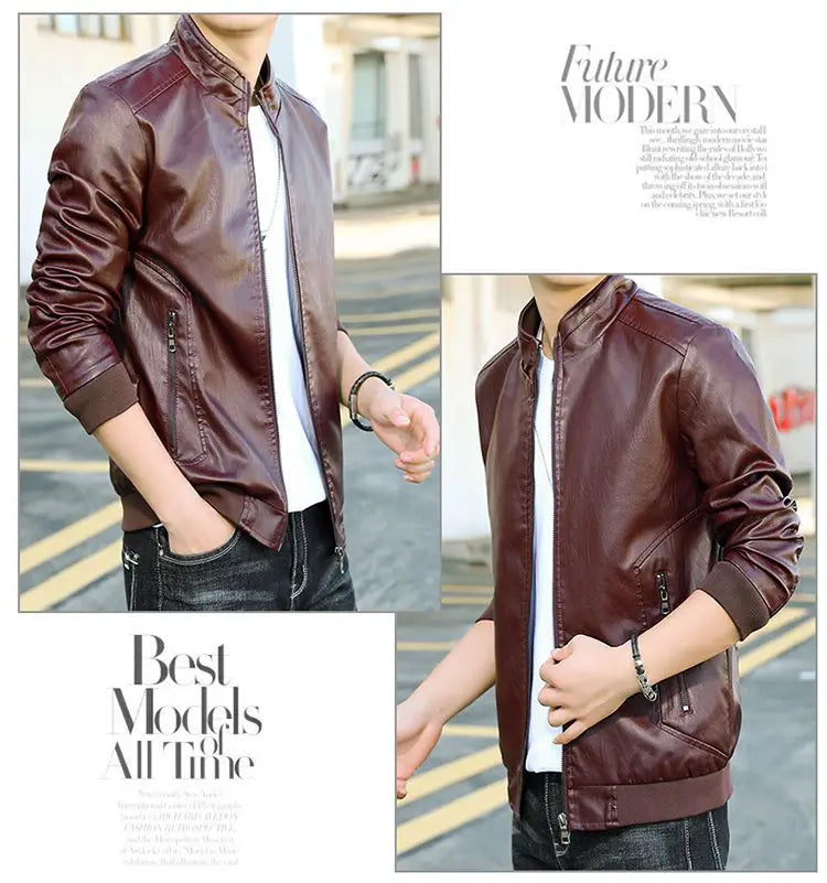 Trendy Casual Loose Jacket for Men with Velvet Thickened Winter with PU Leather Stand Collar