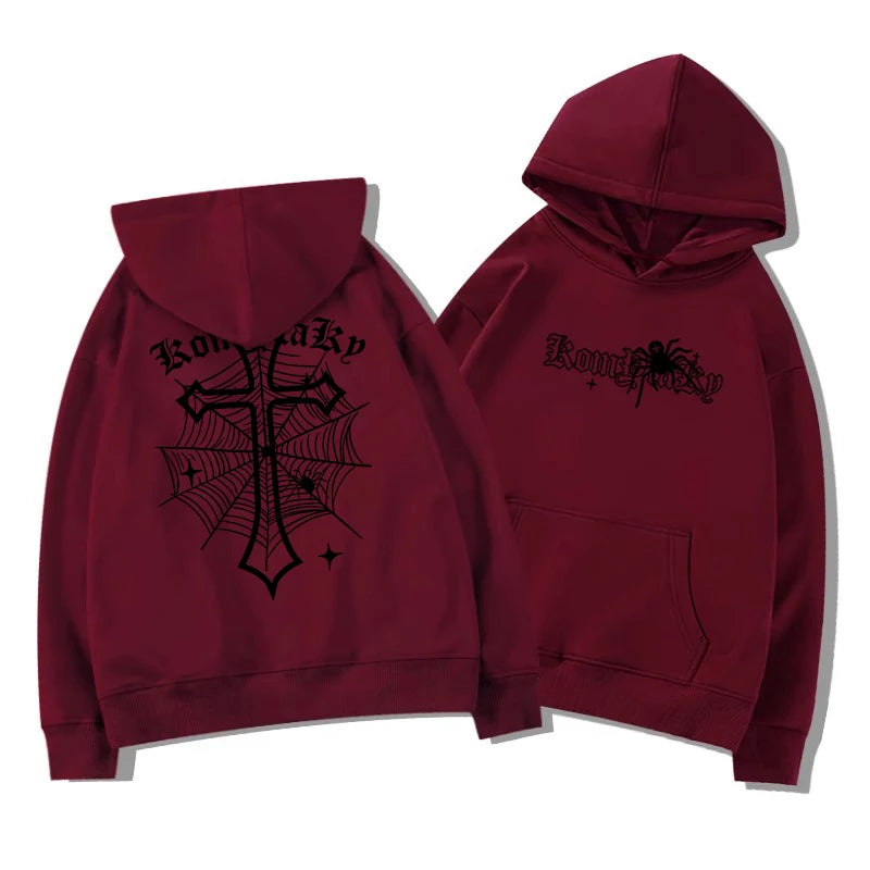 European American High Street Spider Cross Autumn Winter Fleece Warm Hooded Sweatshirt Casual Adult Men Versatile Soft Daily Use BAZAARHUBO