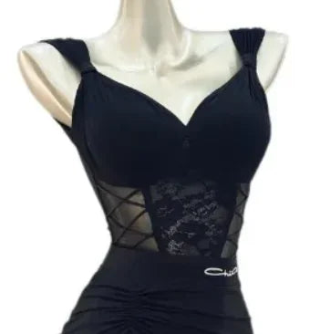 Women Latin Dance Dress Outfits Lace Bra Jumpsuits Tops Ruffled Skirt Adult Female Dance Competition Stage Performance Costumes