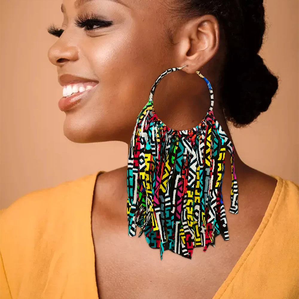 African Fabric Earrings Handmade Drop Tassels Earrings For Women Ethnic African Print Ankara Big Oversized Earings Daily Wear