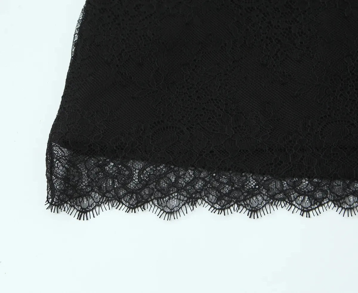 Women 2025 Autumn New Lace Bodysuit Women's Bodysuit Black Cutwork O-Neck Long Sleeves Bodysuits+Splicing Mini Skirt Suit