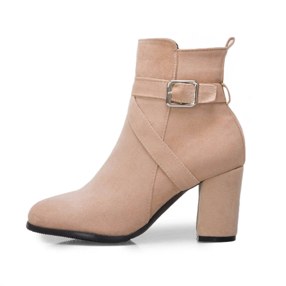 Women High Heels Ankle Boots 2025 Round Toe Elegant Short Booties Ladies Ankle Boots Buckle Decoration Black Blue Autumn Winter