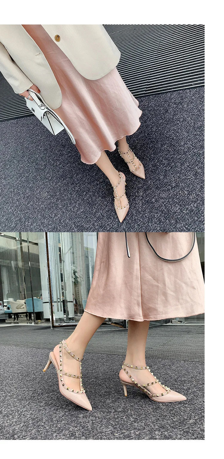 Nude Women's Gladiator sandals Summer 2025 Luxury With Ankle Strap Pointed Toe Fashion Rivet High Heels Party Ladies Shoes Women