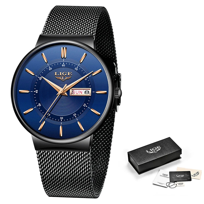 LIGE Fashion Man Watch Waterproof Sport Calendar Quartz Watch Men Top Brand Luxury Steel Strap Men's Watches Relogio Masculino