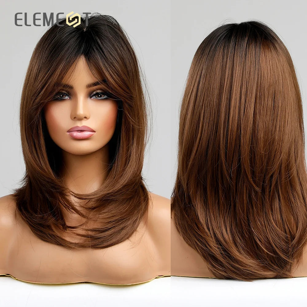 ELEMENT Synthetic Wig Medium Wavy Hair Ombre Brown Blonde Wigs for Women Daily Party Cool Heat Resistant Breathable Headband
