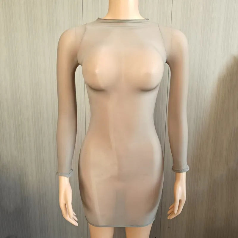 Sexy Ultra-Elastic Perspective Thin Long Sleeved Dress Dress Self-cultivation Women Clothing Tight-fitting Multiple Styles Dress