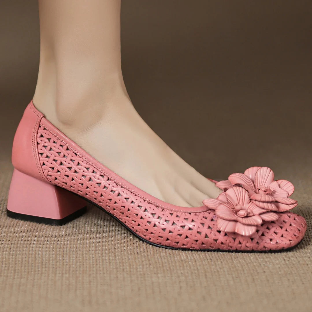 Plus size 41 women's hollow-out sheepskin square toe slip-on pumps 4cm thick med heel elegant ladies flower summer heels sandals