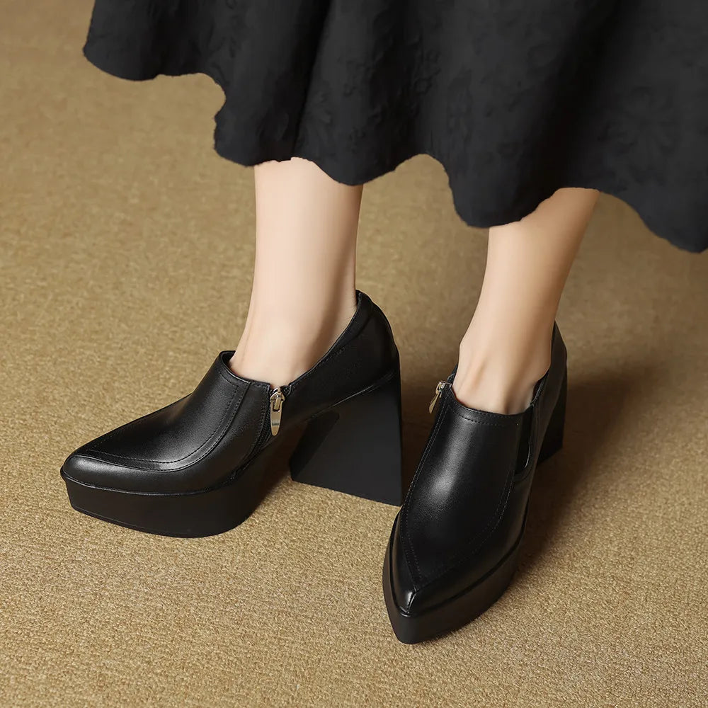 Aucegi New Spring Autumn Women Genuine Leather Pumps Classic Style Pointed Toe Platform Chunky Heel Retro Zipper Handmade Shoes