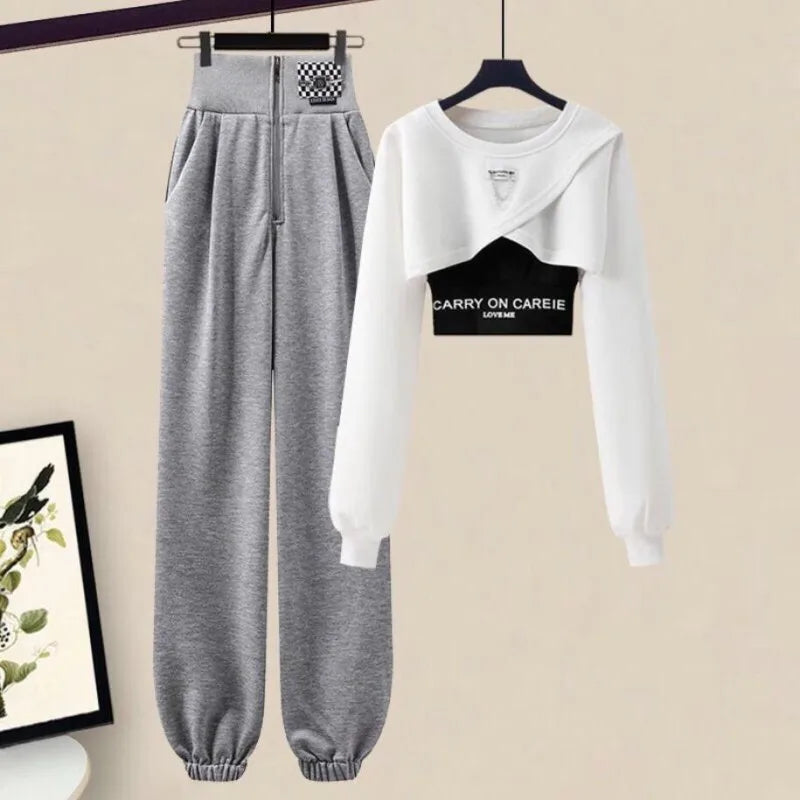 Korean Elegant Sportswear Suit Women's Spring Autumn Fashion Short Sweater+Suspenders+Pants Three Piece Female Tracksuit Set