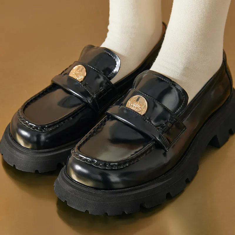 BEAUTODAY Penny Loafers Women Genuine Leather Moccasin Square Toe Metal Buckle Laides Platform Shoes Handmade 26424