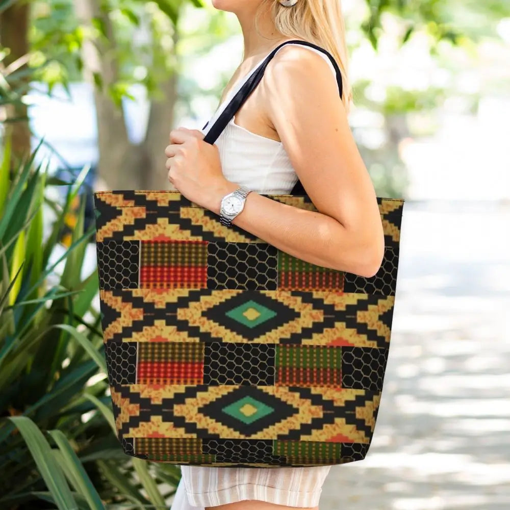 African Ankara Prints Grocery Shopping Tote Bags Women Geometric Ethnic Art Canvas Shoulder Shopper Bags Big Capacity Handbag