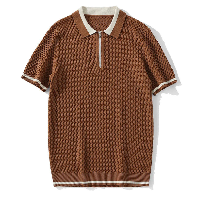 2026 Men's Casual V-Neck Knitted Jacquard Polo Shirt Solid Color Short Sleeve Solid Color Shirt Breathable Luxury Clothing B24