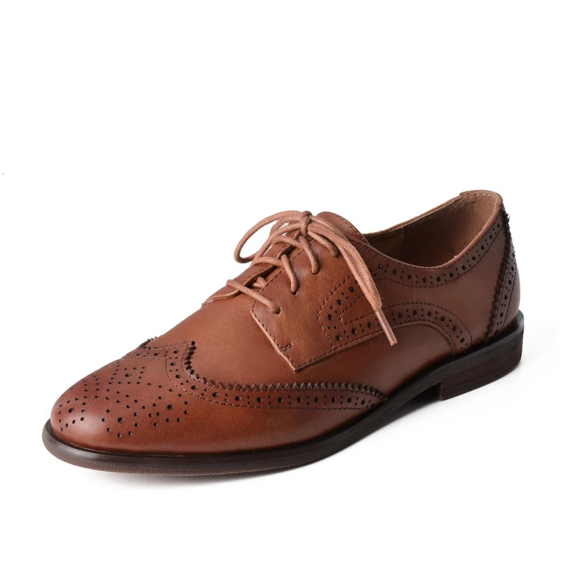 Women's New Round Head Burnt Flower Inner and Outer Leather Cowhide Lace up Large Low Heel Block Oxford Shoes